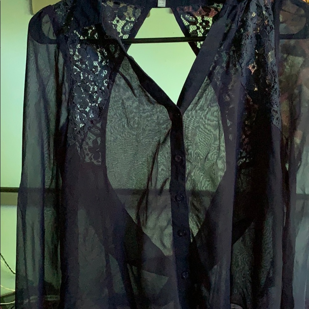 Navy blue see through button up shirt